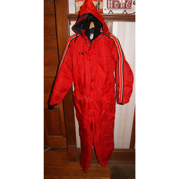 VTG 70s Zerowear Hyman Insulated Red Snow Suit Striped Mens L Snowmobile Hooded